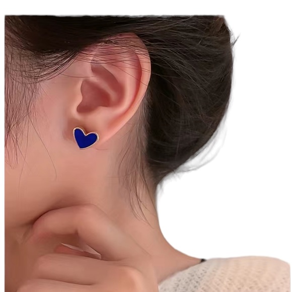 Blue and Gold Heart Shaped Stud Earrings - Picture 2 of 6